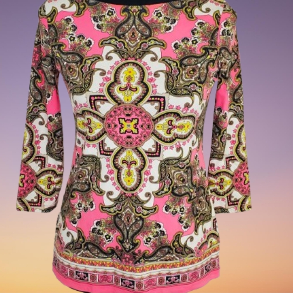 Charter Club Pink and Gold Graphic 3/4 Sleeve Blouse